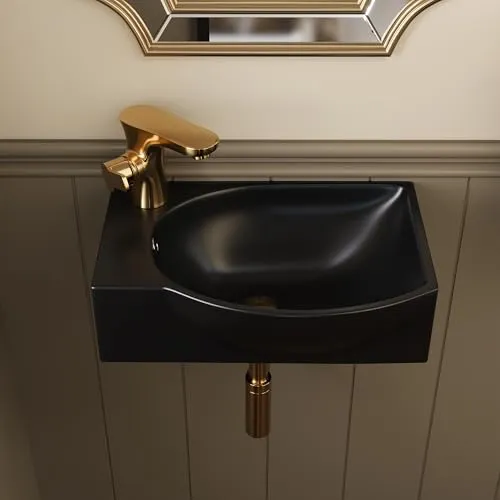DeerValley Waschbecken klein Schwarz – Mini Wandwaschbecken mit mehr Innenraum, 305×240 mm Keramik, Becken rechts & Armaturloch links, ideal für kleine Bäder