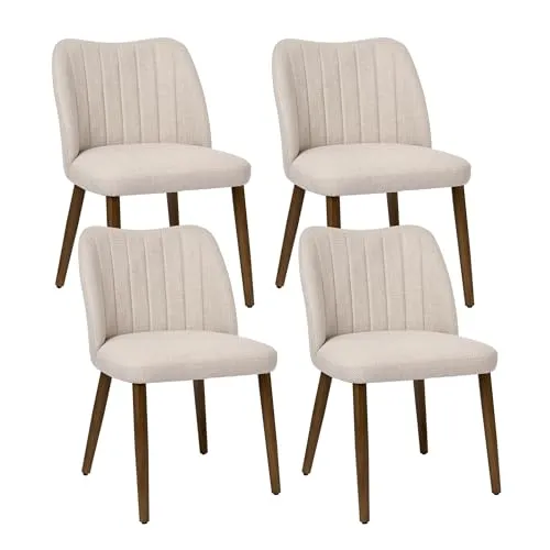Duhome Esszimmerstuhl 4er Set – Gepolsterte Leinenstühle mit Holzbeinen in Beige