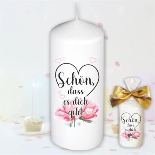 Stumpenkerze Kerze - Schön das es dich gibt - Für Dich | bunte moderne Motive Farben auf Tattoofolie für Kerzen | mit Geschenkfolie und goldener Schleife | Geburtstagkerze in Geschenkverpackung