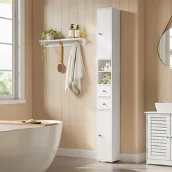 EUGAD Hoher Badezimmerschrank, mit 2 Schubladen und 2 Türen, Verstellbare Regale und offene Fächer, Weiß, 20x20x180 cm