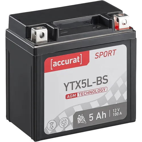 Accurat Motorradbatterie YTX5L-BS - 12V, 5Ah, 100A - Motorradbatterie in Erstausrüsterqualität, wartungsfrei und rüttelfest. Ideal für hohe Startkraft und lange Lebensdauer, perfekt für Stadtverkehr und Kurzstrecken.