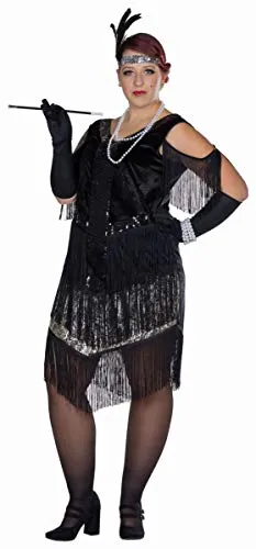 Rubie's 13473-50 Charleston Full Cut Damen Kostüm - Elegantes Plus Size Charleston-Kleid in Samtoptik mit funkelnden Pailletten und Fransen, ideal für 20er Jahre Partys und besondere Anlässe.