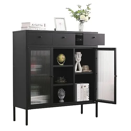 Mein-Regal Highboard Paris mit 3 Schubladen - Kommode für Bücher und Deko mit modernem Metallfinish, bietet großzügigen Stauraum und verleiht jedem Raum Eleganz.