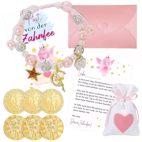 Zahnfee Geschenk Kinder, Zahnfee Münzen (6x), Armband Zahnfee 1 PCS, Perlenarmband mit Postkarte, Geschenke von der Zahnfee Mädchen, Goldtaler Zahnfee, Zahnfee Taler, Verlorenen Zahn Geschenkset