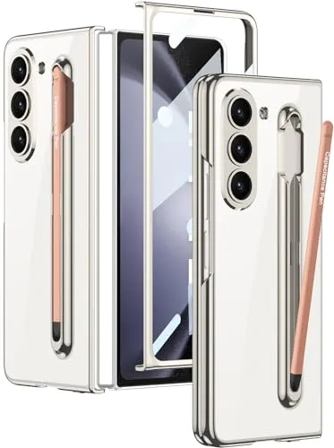 Wibrthz für Samsung Galaxy Z Fold 5 Transparente Hülle mit S Pen Halter & S Pen,Kristall Klar Beschichtung Hülle mit Bildschirmschutz, Luxuriöse Stoßfeste Anti-Kratz Case(Silber+Rosa Stift)