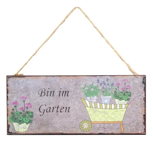 levandeo Gartenschild L30cm Bin im Garten Spruch Metall Wandbild Garten Deko Wandbild Wanddeko Türschild Schild Metallbild