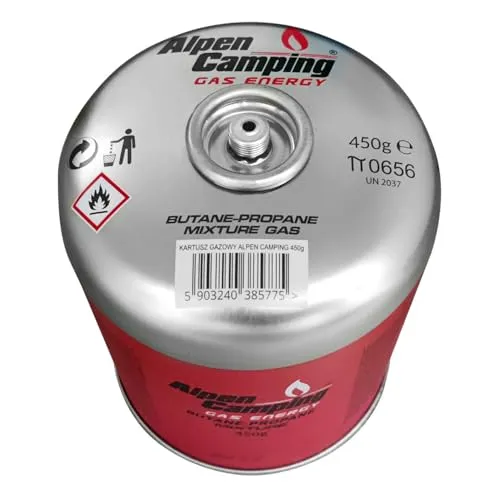 Alpen Camping 450 g Gaskartusche EN 417 Propan‑Butan 7/16″ Gewinde – für Kocher Outdoor Brenner Zeltlager Reise – zertifiziert PI 0437 – Einsatz von – 10 °C bis + 40 °C (1 Stück)