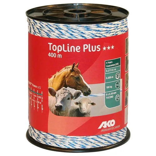 AKO Weidezaunlitze TopLine Plus 400 m – Hochleistungs-Tierzaun - Optimale Leitfähigkeit dank TriCOND-Material für zuverlässigen Schutz Ihrer Weidetiere. Langlebig und robust, ideal für große Flächen und anspruchsvolle Tierhalter.