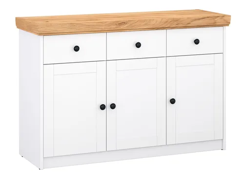 Elegante Kommode Sideboard 123x41x82cm in Weiß und Gold - Stylisches 3-türiges Sideboard im Landhausstil mit 3 Schubladen. Ideal für das Wohnzimmer, bietet viel Stauraum und eine ansprechende Optik in heller Holzoptik.