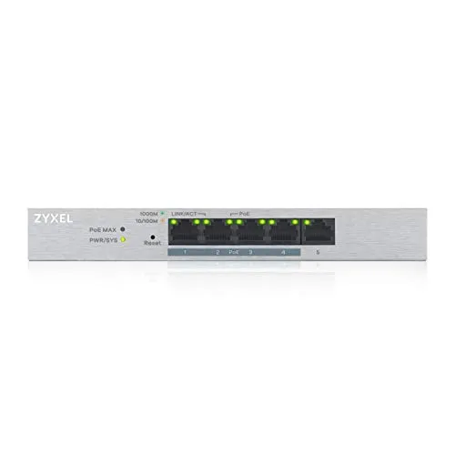 Zyxel GS1200-5HPv2 - 5-Port Gigabit Web Smart Managed PoE+ Switch mit 60W, lüfterlos und Lifetime Garantie für zuverlässigen, geräuschlosen Betrieb