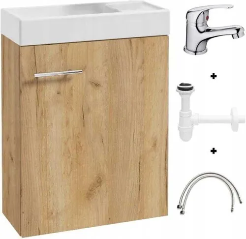 Badezimmerschrank mit Waschbecken 50x70cm mit Wasserhahn und Siphon, Eiche Craft Small