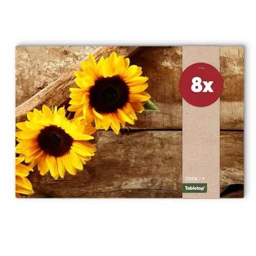 Tischsets 8er als abwaschbare Tischdeko für Sommer und Herbst - Platzsets Sonnenblumen Blumen als Tischuntersetzer in 43 cm - Platzdeckchen als Tischunterlage für Esstisch Wohnzimmer Tisch