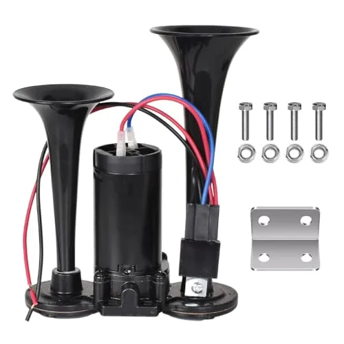 Colexy Hupe Luft Horn 12V, 150DB Super Laut Doppelhorn Lufthorn Drucklufthorn Laute Hupe Universelle Autohupe mit Kompressor für Autos, LKWs, Motorräder, Boote, Züge und Mehr (Schwarz)