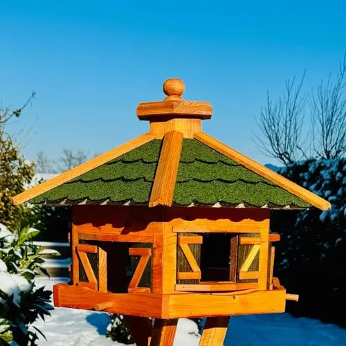 DARLUX Vogelfutterhaus XL Sechseck Vogelhaus Holz Futterstelle Braun/Grün