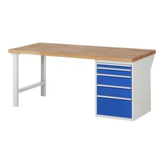 Rau Werkbank 7511A1 – Robuste Standardwerkbank mit 5 Schubladen - Massivholz-Arbeitsplatte aus Buche, langlebig und druckfest. Ideal für professionelle Werkstätten oder Heimwerker, bietet hohe Tragkraft und praktische Schubladeinteilung.