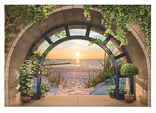 WallArena Vlies Fototapete Strand Meer Fenster 200x140 cm in beige von Wallarena