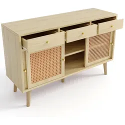 Okwish Sideboard Eiche, 120x78x40 cm – Elegantes Möbelstück für Ihr Wohnzimmer - Entdecken Sie das stilvolle Okwish Sideboard in Eiche mit Rattangeflecht. Es bietet großzügigen Stauraum mit 3 Schubladen und 3 Türen sowie verstellbaren Einlegeböden für flexible Organisation.