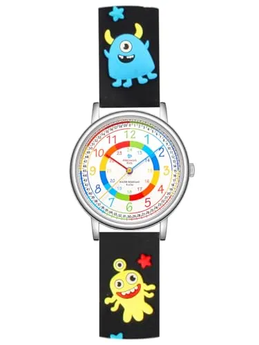 Alienwork Kids Lernuhr Kinderuhr Jungen Mädchen Silber Kautschuk-Armband Schwarz Mehrfarbig Kinder-Uhr Wasserdicht 5 ATM Zeit Lernen