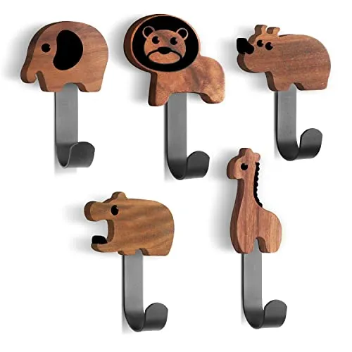 Biroyal Kindergarderobe, Kleiderhaken für Kinder in Tierform, Wandhaken aus Walnussholz Garderobenhaken, Kinder Wandaufhänger, Tiere-Löwe/Elefant/Nilpferd/Giraffe/Nashorn(inkl. 5 schwarze Metallhaken)