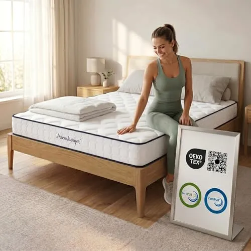 Arensberger Lena Federkernmatratze 90x200cm | Ergonomisch mit Memoryschaum - Matratze mit 21cm Höhe und Härtegrad H3/H4, bietet optimale Druckentlastung durch innovative HR Taschenfederkern-Technologie und Memory Foam für erholsamen Schlaf.