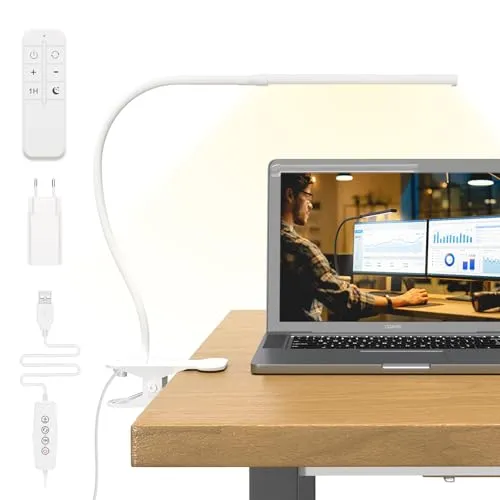 Mojimdo Schreibtischlampe 77 LED mit Fernbedienung [Beeindruckende Lichtleistung] 40CM Klemmlampe, 3 Farben & 10 Helligkeitsstufen, 360° Flexibel mit USB-Ladegerät