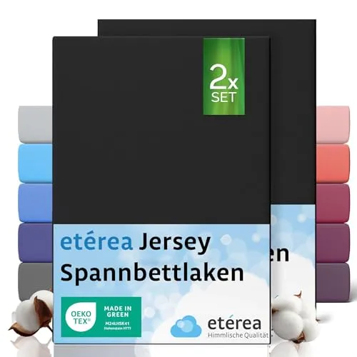 etérea Jersey 2er Set Spannbettlaken 180x200cm - 200x200cm Schwarz bis 25 cm Höhe - 100% Baumwolle Spannbetttuch Oekotex - Doppelpack Bettlaken 180x200 cm - 200x200 cm - Black