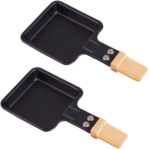 2x Universal Grill Raclette-Pfännchen viereckig mit Bambusgriff