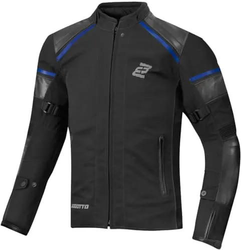 Bogotto Blizzard-X Motorradjacke, schwarz-blau, Größe L - Robuste Motorradjacke aus Polyester mit Rindsleder an Schultern und Ärmeln, wasserdicht und ideal für Fahrten bei jedem Wetter.