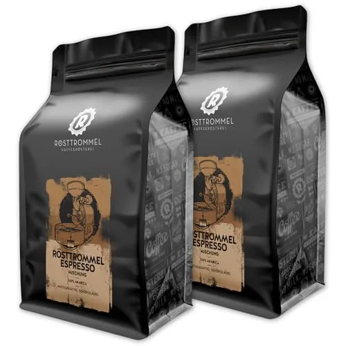 RÖSTTROMMEL Signature Espresso, 100% Arabica, 2x1kg - Genießen Sie unseren preisgekrönten Signature Espresso mit Aromen von dunkler Schokolade und gebrannten Mandeln. Nachhaltig produziert und ideal für Kaffee-Liebhaber, die Qualität schätzen.