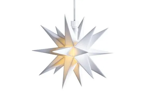 LED Weihnachtsstern Mini-Stern 18-Zacken wetterfest, weiß Ø 12cm,Timer 6h, Batteriefach für 3xAA, 4,5V, mit Fernbedienung, Kabel weiß, Innen u Außen für Weihnachten, Party, Dekoration, Geschenkidee