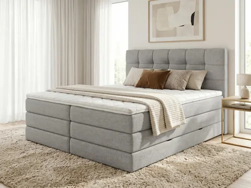 Boxspringbett Best XL mit 2 Bettkästen und Topper – Grau - Komfortables Boxspringbett Best XL mit zwei praktischen Bettkästen für zusätzlichen Stauraum. Genießen Sie die optimale Unterstützung durch Bonellfederkern und Taschenfederkernmatratze für erholsame Nächte.