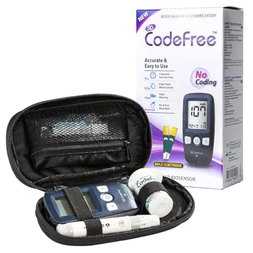 SD CodeFree Blutzuckermessgerät Starter-Set inkl. Blutzuckerteststreifen, Blutlanzetten und Reisetasche, Diabetes-Set mg/dL