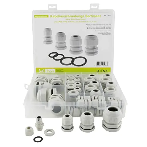 Produktbild SeKi Kabelverschraubung Sortiment, 40 teilig, M12, M16, M25 und M25 grau inkl. Gegenmutter und Dichtungsring; IP68 wasserdicht Kunststoff Cable Gland