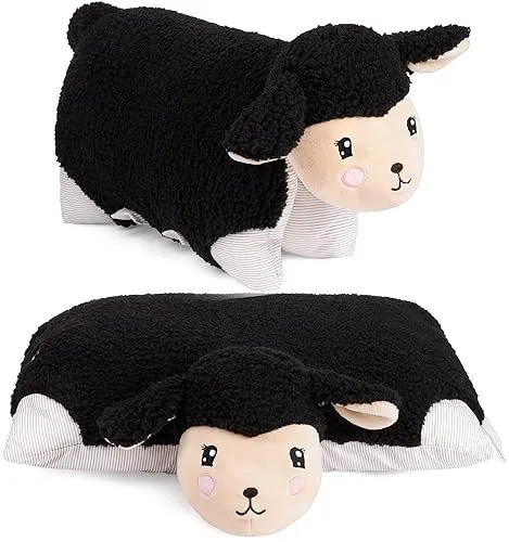 BRUBAKER Kuscheltier-Kissen Schaf - 2 in 1 Stofftier und Kuschelkissen - 40 x 30 cm Dekokissen - aufklappbares Kinder Plüschkissen mit Klettverschluss - Tierkissen Schafkissen - Schwarz