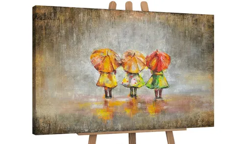 YS-Art Gemälde Sommerregen, Menschen, Kinder mit Regenschirm Leinwand Bild Handgemalt Kinderzimmer