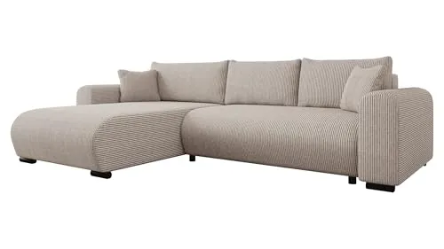 Mirjan24 Ecksofa Merkos Cord mit Schlaffunktion - Elegantes Ecksofa mit praktischer Schlaffunktion und Bettkasten. Ideal für jedes Wohnzimmer, bietet es zusätzlichen Schlafplatz und komfortable Rückenkissen. Universell einsetzbar für rechte oder linke Seite.