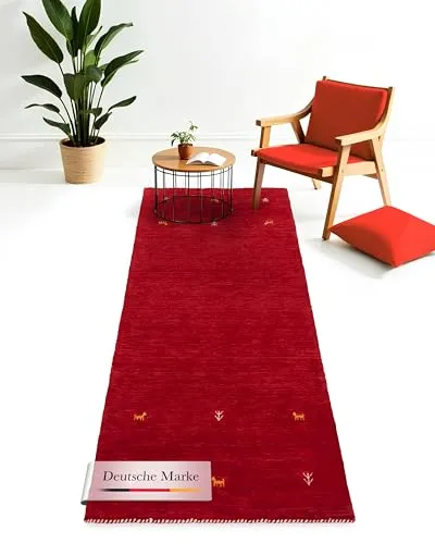 carpetfine Wollteppich Gabbeh Uni Läufer Rot 80x400 cm - Teppiche: Hochwertiger, pflegeleichter Wollteppich für Wohn- und Schlafbereiche, ideal für Fußbodenheizung und sorgt für eine behagliche Wohlfühlatmosphäre.