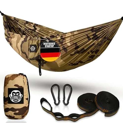 Monkey Swing Hängematte Ultraleicht inkl. Karabiner & Schwerlastgurten (bis 300 kg belastbar, 275 x 140 cm) – ideal für Camping, Outdoor, Trekking & als Reisehängematte (Camouflage)