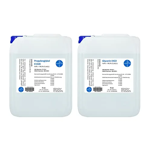 HERRLAN® Glycerin 99,5% + Propylenglykol 99,5% Set – 10 Liter für Kosmetikherstellung - Laborchemikalien - Hochdosiertes Set mit 2 x 5000 ml für professionelle Kosmetikherstellung, vegan und Made in Germany, ideal für große Anwendungen.