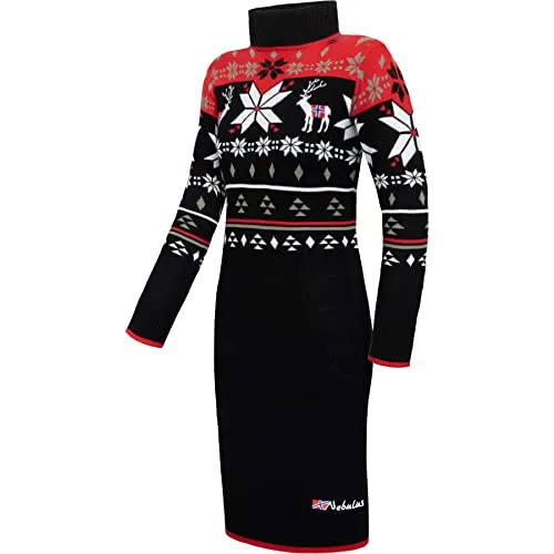 Nebulus Damen Norweger Strickkleid HIGH, Knielang, vielseitig, schwarz-rot - XXL/44