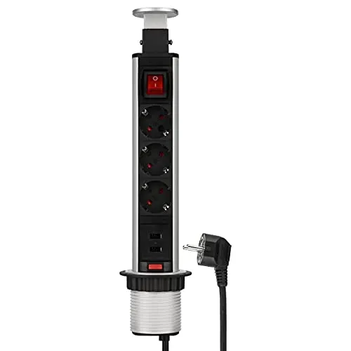 REV 0012398712 Mehrfachsteckdose, Steckdosensäule 3fach + USB, versenkb. 1,5m, 3500W, schwarz