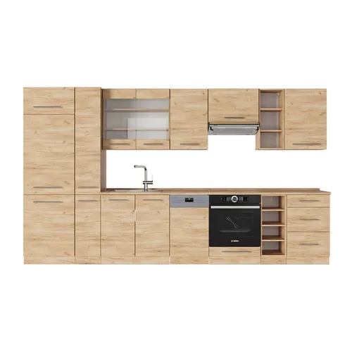 Vicco Küchenzeile Fame-Line, Goldkraft Eiche, 355 cm - Küchenzeile in Goldkraft Eiche, inklusive Arbeitsplatte und Montagematerial, ideal für moderne Küchen mit viel Stauraum und elegantem Design.