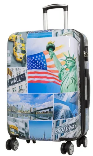 Warenhandel König Hartschalen-Trolley New York Liberty - Koffer mit buntem Motivprint, 4 leichtlaufenden Doppelrollen und Dehnfalte für zusätzliches Volumen, ideal für Reisen und stylisches Auftreten.