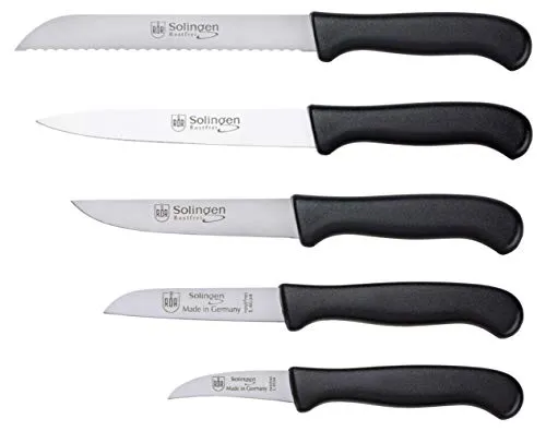 RÖR Basis Haushaltsmesser - 5-teiliges Küchenmesserset Made in Germany - Vielseitiges 5-teiliges Küchenmesserset für präzise Schneide- und Schälarbeiten. Rostfreie Klingen aus Klingenstahl und ergonomische Kunststoffgriffe sorgen für optimale Handhabung.