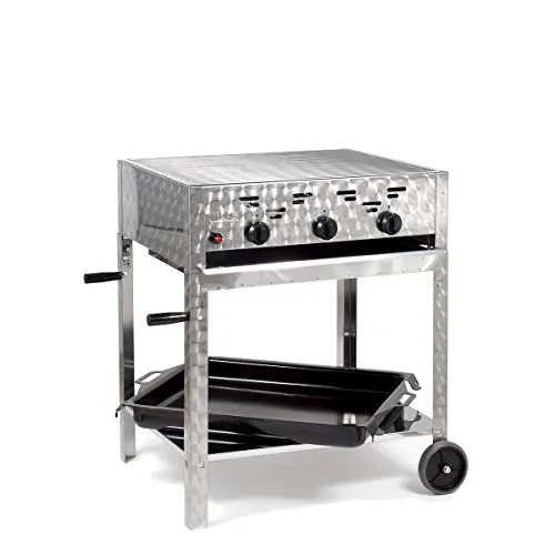 Gasgrill-Kombibräter 11kW 3-flammiger Edelstahl-Brenner fahrbar mit Grillrost und emaillierter Stahlpfanne Grillwagen Gastrobräter Profigrill