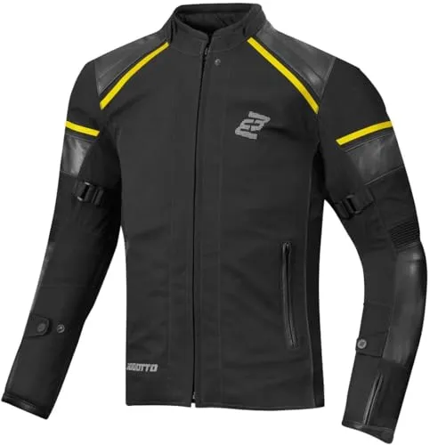 Bogotto Blizzard-X Motorrad Textiljacke, schwarz-gelb, Größe L - Robuste Motorradjacke aus Polyester mit Rindsleder an Schultern und Ärmeln, wasserdicht und ideal für jeden Wetterbedingungen auf der Straße.