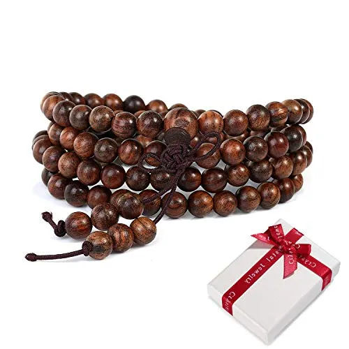 Holz-Perlen Gebetskette Buddhismus 6mm Armband für Yoga Meditation Gebet,Braun Elastisches Buddhistische Tibetisch Buddha Mala Kette Handgelenk Armbänder Halskette für Damen Herren Geschenk 108