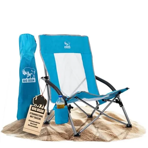 BigDean Strandstuhl klappbar mit Getränkehalter - Camping-Stuhl – Leicht und stabil, ideal für entspannte Stunden am Strand. Mit UV-beständigem Stoff und extrabreiten Standfüßen für sicheren Halt im Sand.