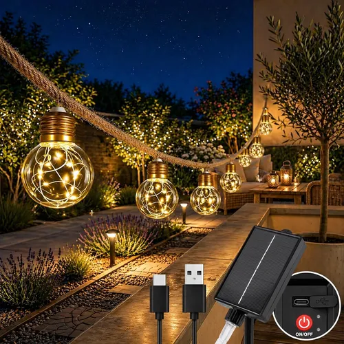 Solar Lichterkette Outdoor 20 Glühbirnen 10m Dimmbar 8 Modi für Garten Balkon