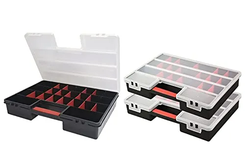 Kreher Sortimentskasten XXL 3er Set - Ordnungsboxen mit 21 variablen Einteilern für bis zu 24 Fächer, ideal zur flexiblen Aufbewahrung von Werkzeug, Elektronik und Bastelmaterial. Robuster, stapelbarer Organizer mit transparentem Deckel und ergonomischem Tragegriff.
